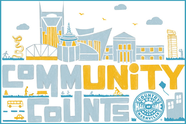 Community Counts advertisement with playful skyline drawing of Nashville