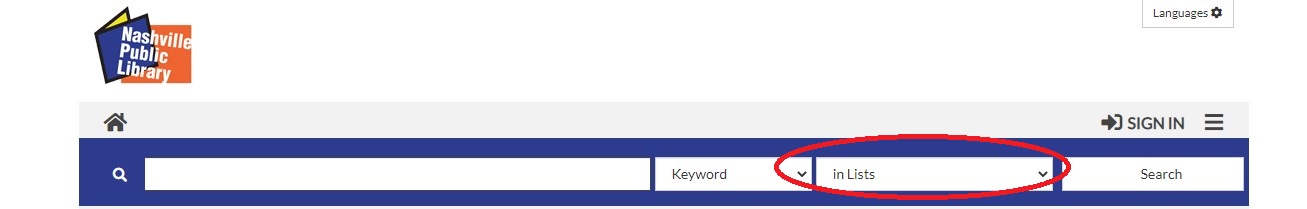 The website header for the Nashville Public Library featuring their logo and a blue search bar with keyword and list filters.
