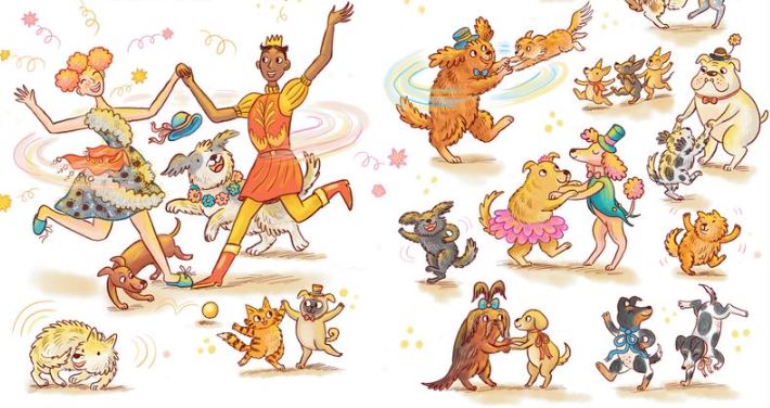 A joyful illustration of people in costumes and various dogs in fancy outfits dancing together at a celebratory party.