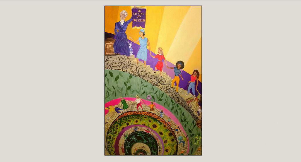 A mural of diverse women climbing a spiral staircase; the woman at the top holds a banner that reads "Lifting As We Climb."