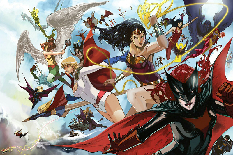 Colorful digital illustration featuring several anime-style characters with wings and weapons, charging forward against a bright, airy background.