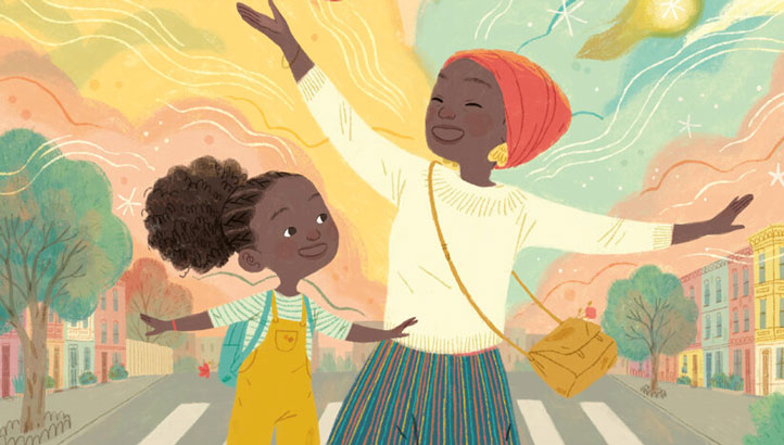 A whimsical illustration of a joyful woman and young girl with arms outstretched, walking across a city street under a vibrant, dreamy sky.