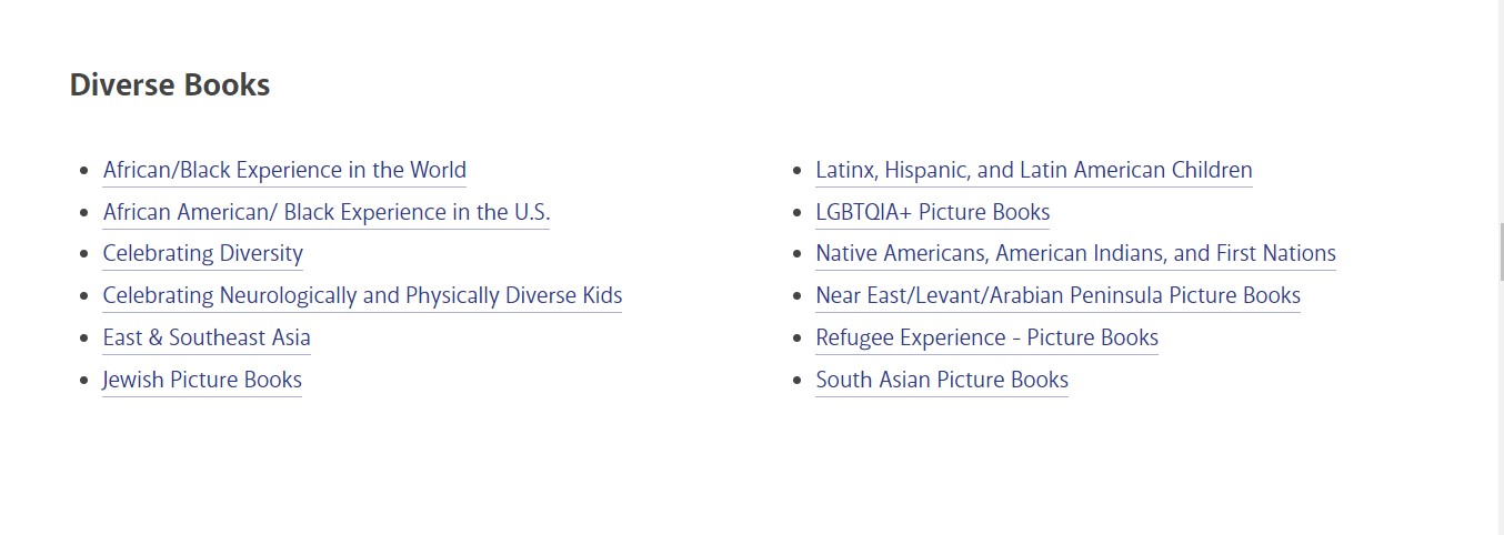Screenshot of a list of links to diverse book recommendations.