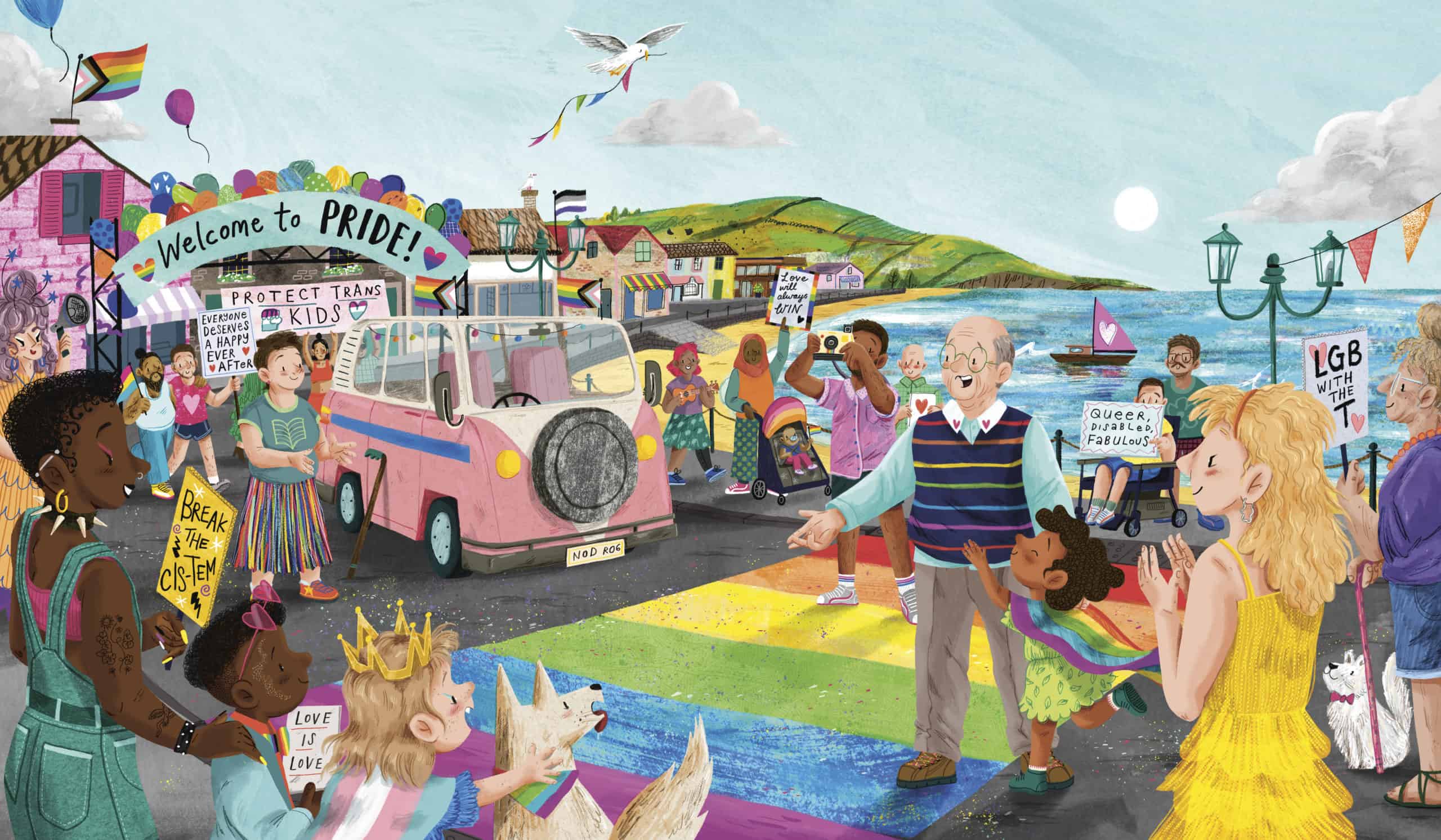 Cartoon image of elderly man being welcomed to Pride parade. 
