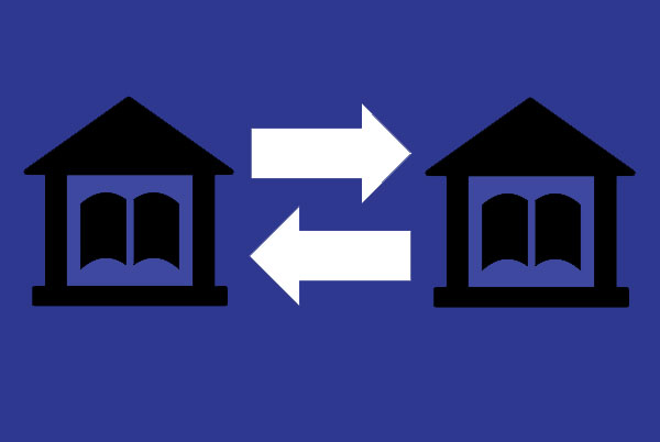 Black houses on a blue background with white arrows in between the houses.