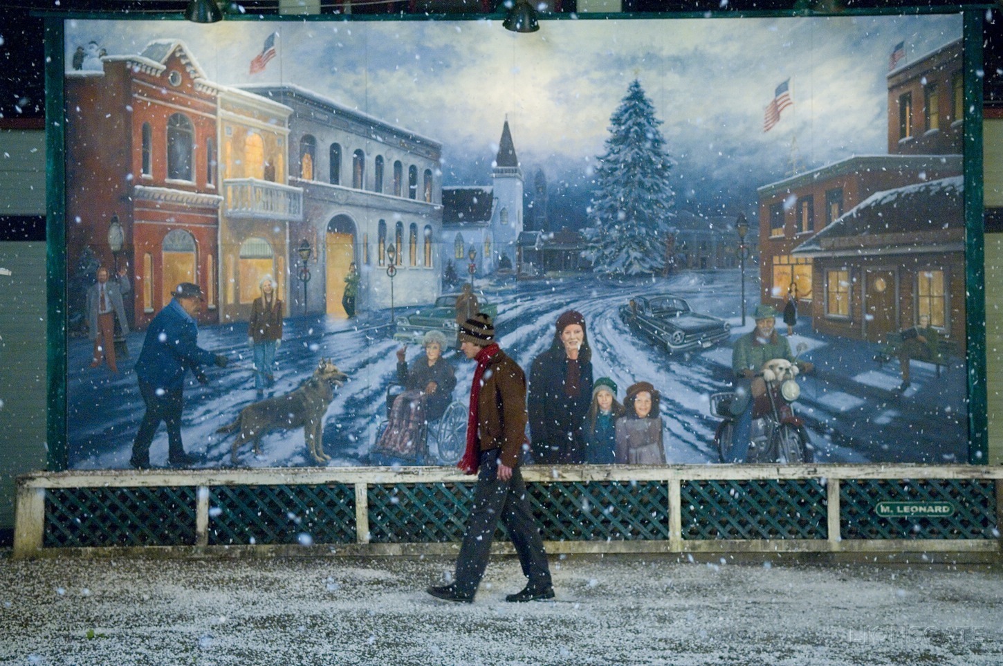 Painting of man walking past mural of Christmas street scene.