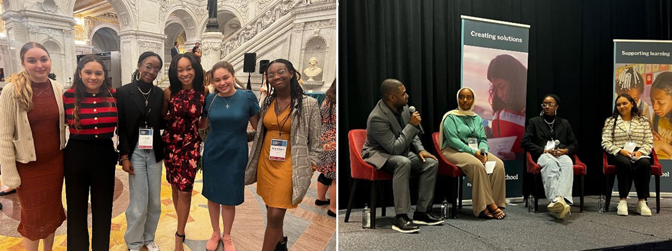 Two photos side by side. On the left, six teen girls pose for a camera. On the right 4 teens sit on a stage having a panel discussion.