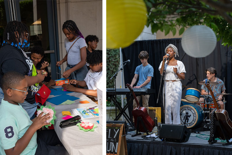 Two images side by side. One shows a teenager on stage singing and the other shows a group of kids making crafts.