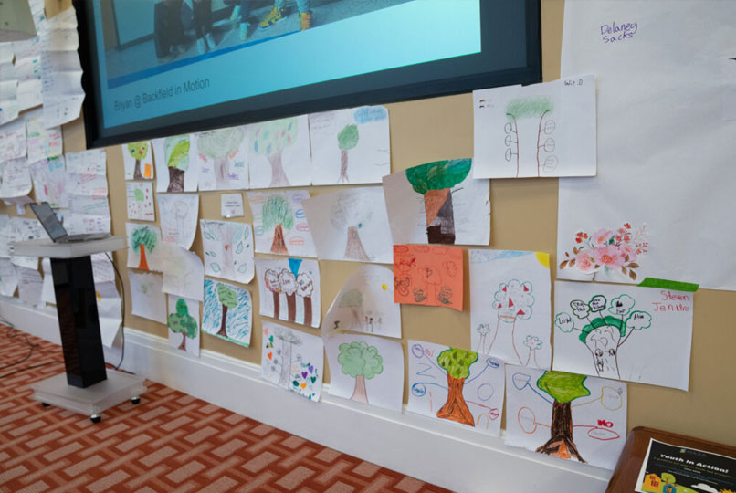 Showcase of children's drawings on a wall at the main library
