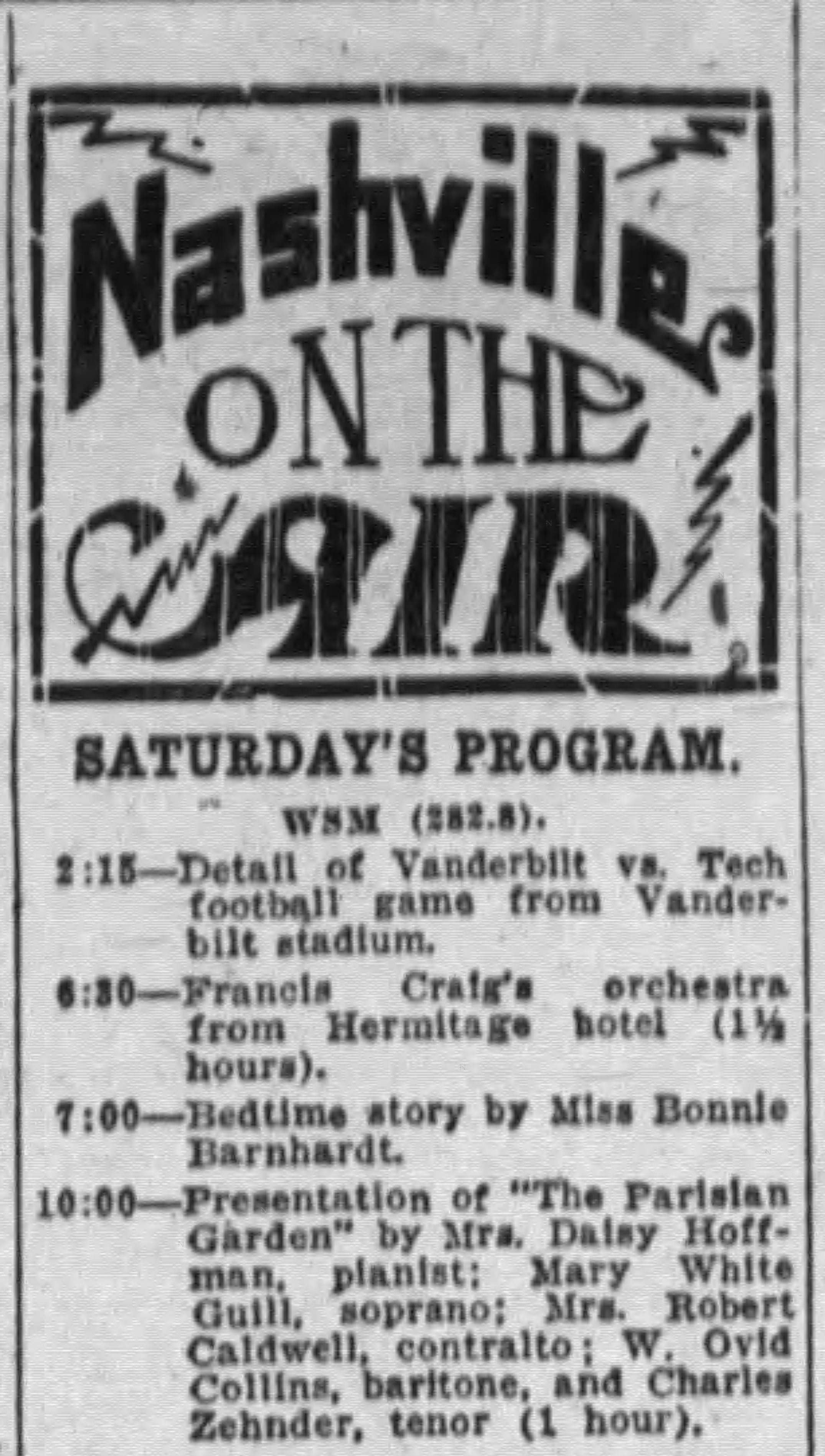 Nashville Banner clipping with the WSM schedule from November 7th, 1925