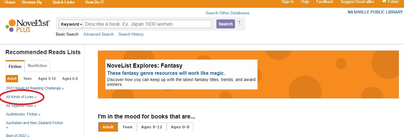 A screenshot of the NoveList Plus "recommended reads lists" page.