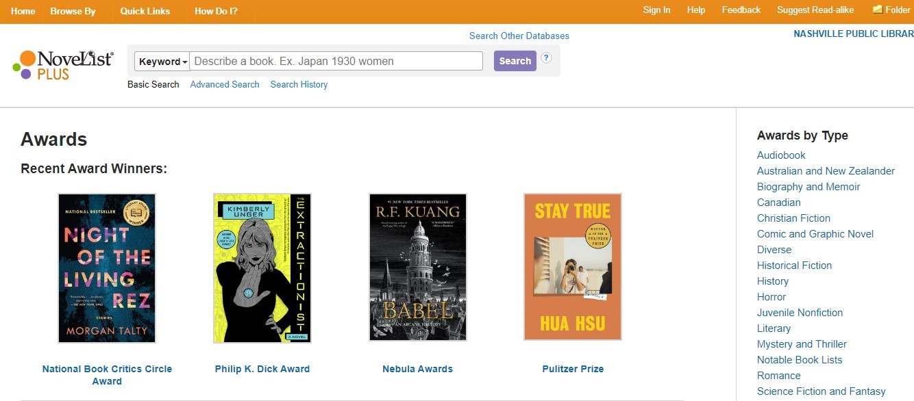 A screenshot of the NoveList Plus "Awards" page, showcasing recent book winners like "Babel" and "Stay True" under various literary categories.