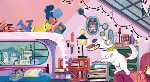 Drawing of a girl on a bunk bed reading while a white dog hands her a book