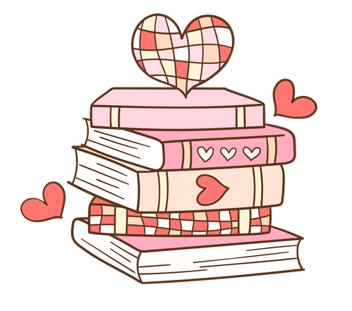 Illustration of a pink and white stack of books surrounded by hearts. 
