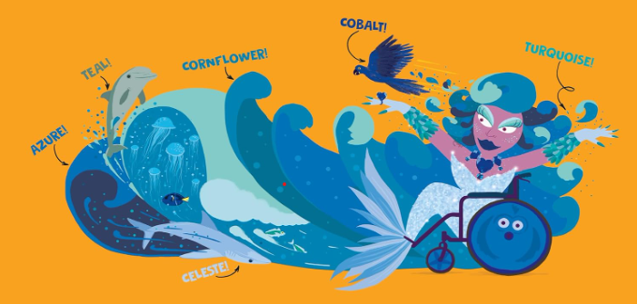 Illustration of a mermaid in a wheelchair riding blue waves with the names of different colors of blue.