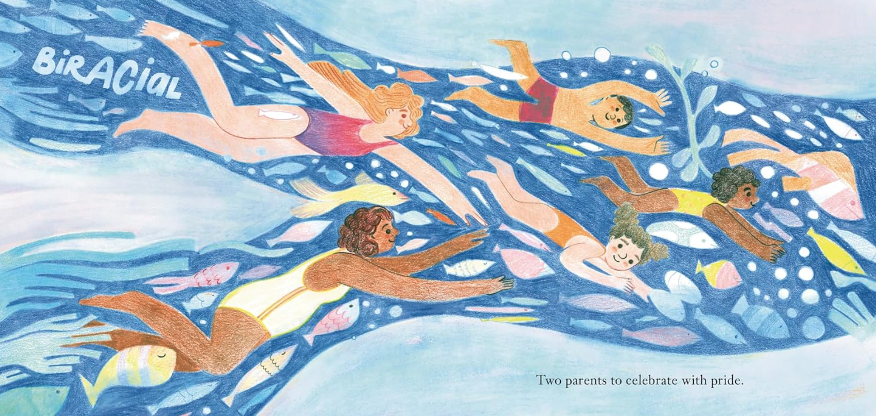 Illustration of two women and three children swimming with fish