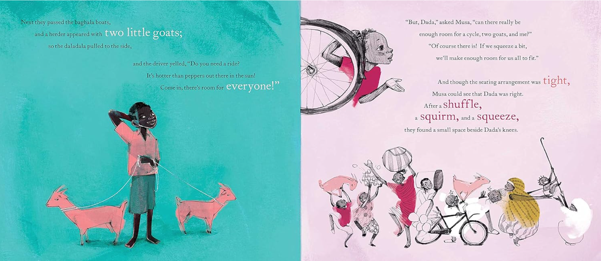 Illustration. Boy walking goats. Boy with bicycle.