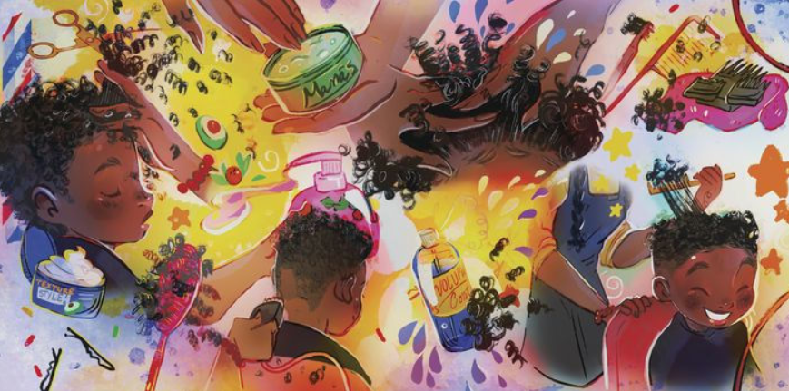 Illustration. Children at a Black-owned business; beauty or barber shop.