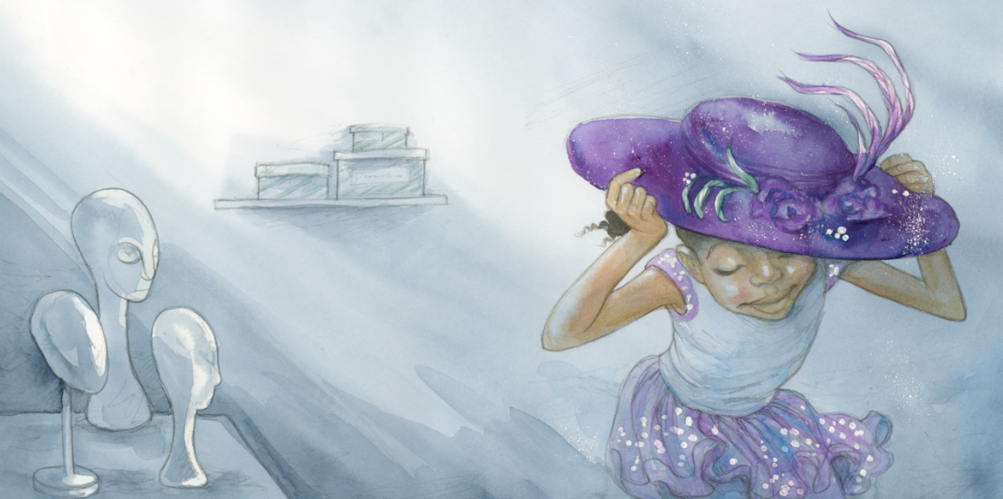 Illustration. Black girl wearing purple hat.