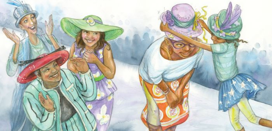 Illustration. Scene of women trying on hats.