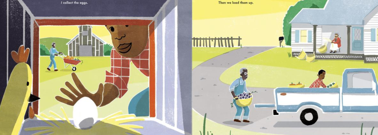 Two Illustrations. Boy collecting eggs. Boy and man loading eggs to truck.