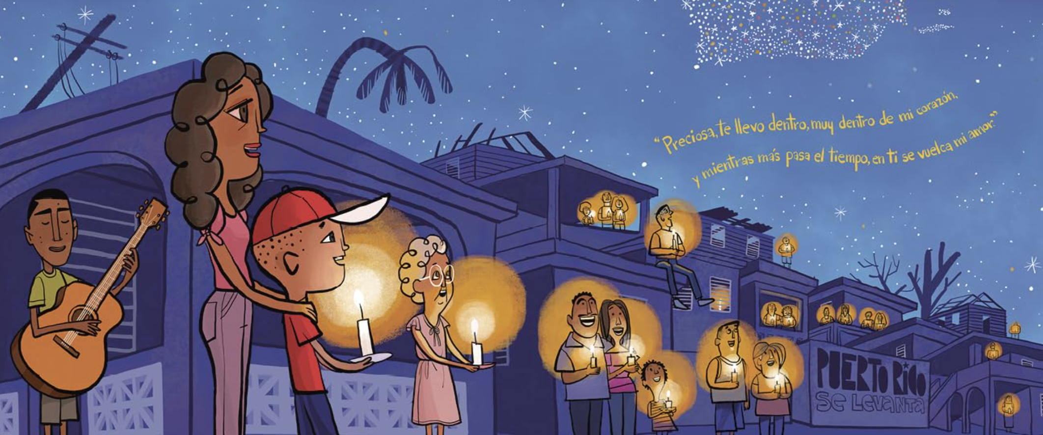Illustration from a children's book of a group of people at night standing outside with lit candles.