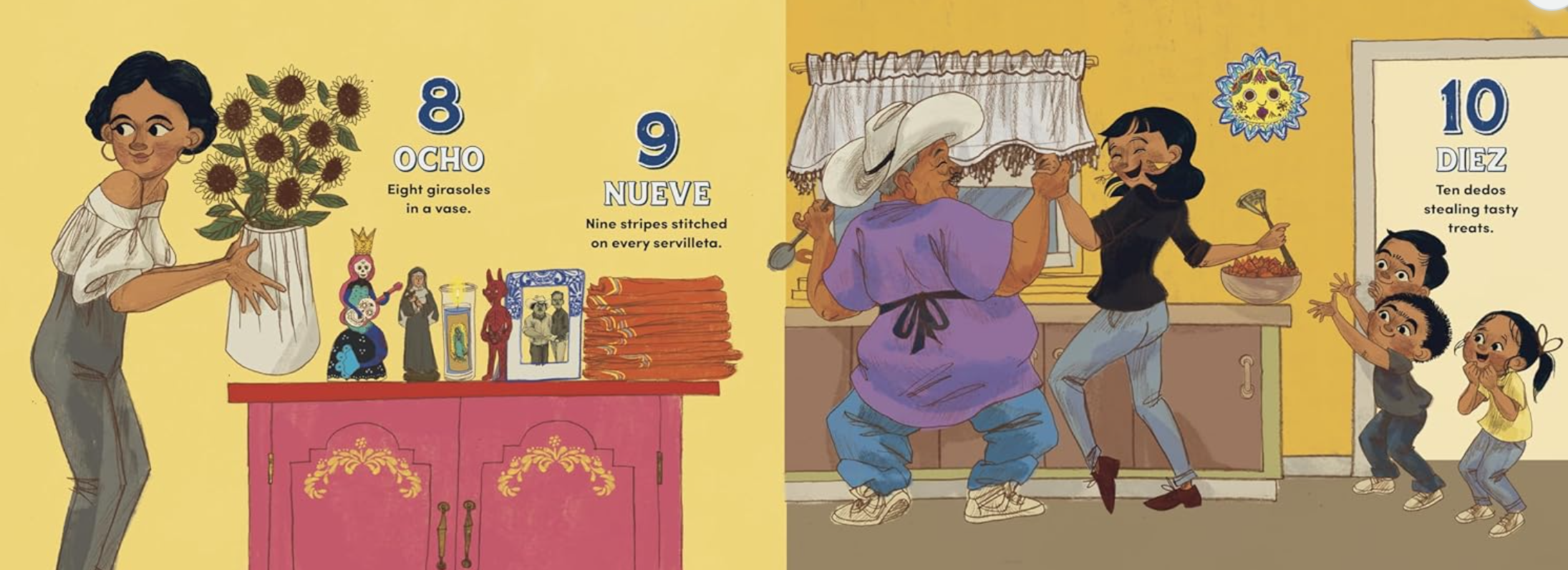 Illustration from a children's book about counting with a woman, man, and children. 