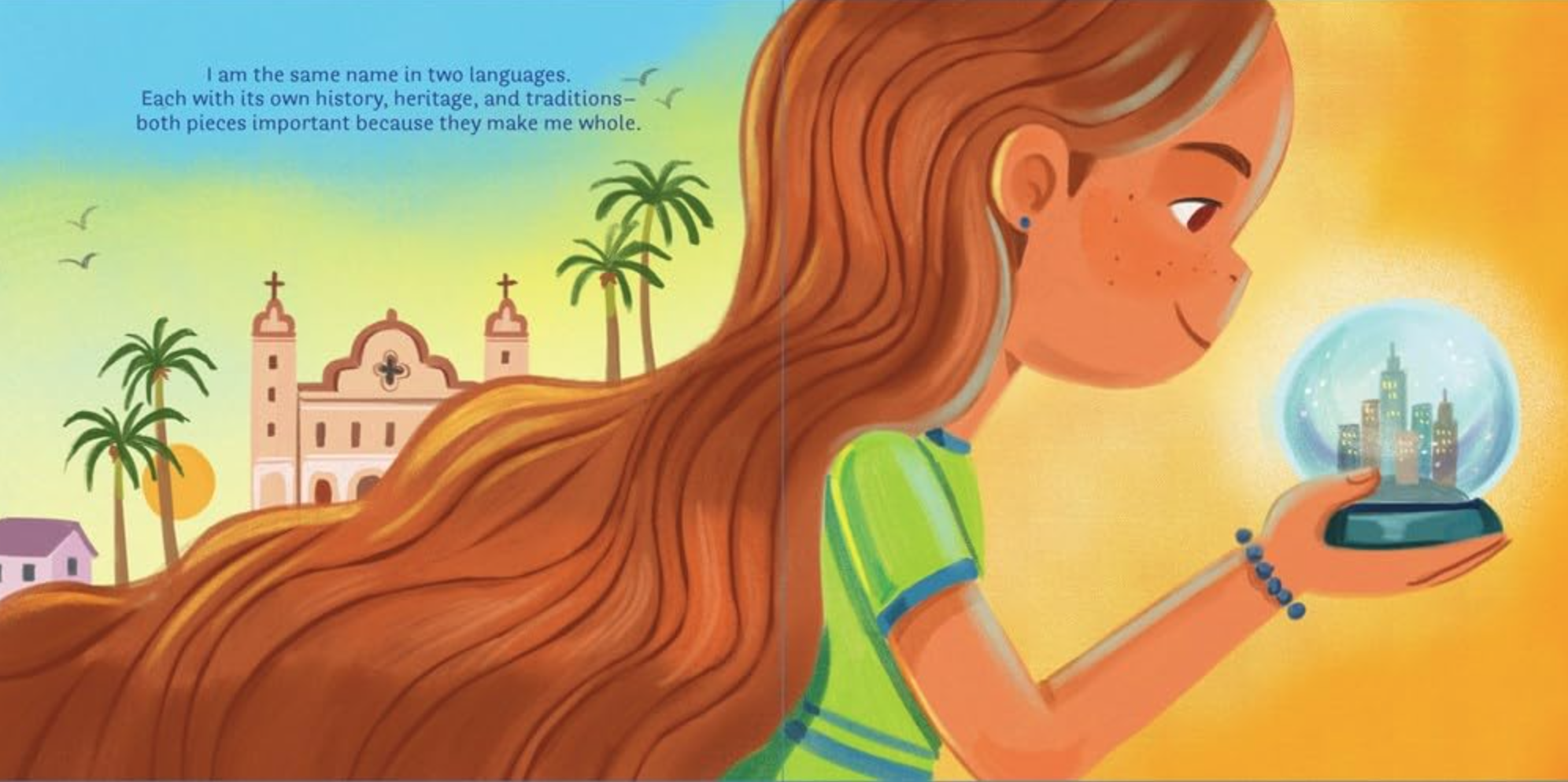 Illustration from a children's book of a red haired girl looking at a snow globe.