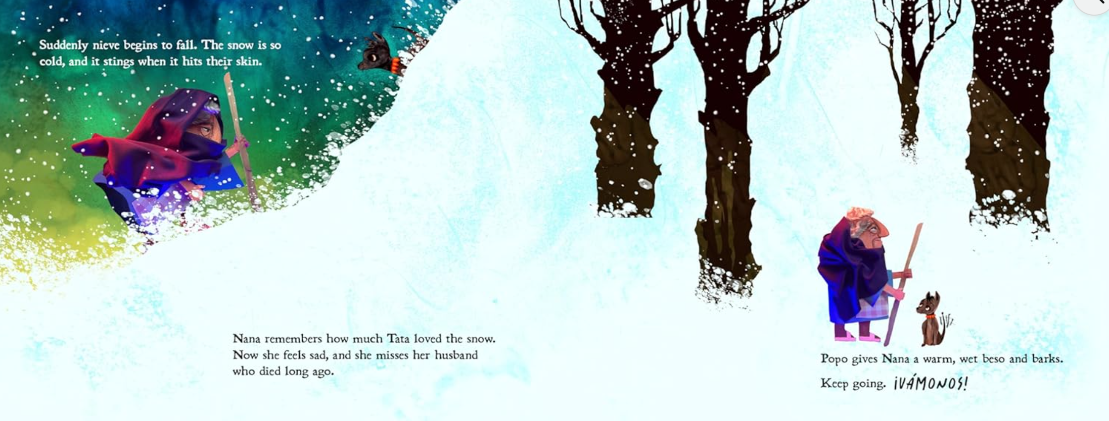 Illustration from a children's book of an old woman walking through the woods in snow.
