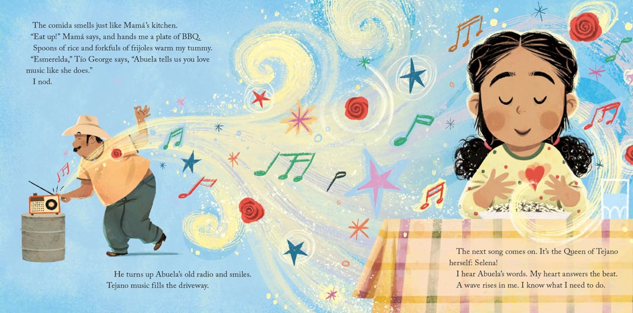 Detail shot of the interior of a children's book with a girl at a table and a man playing a radio.