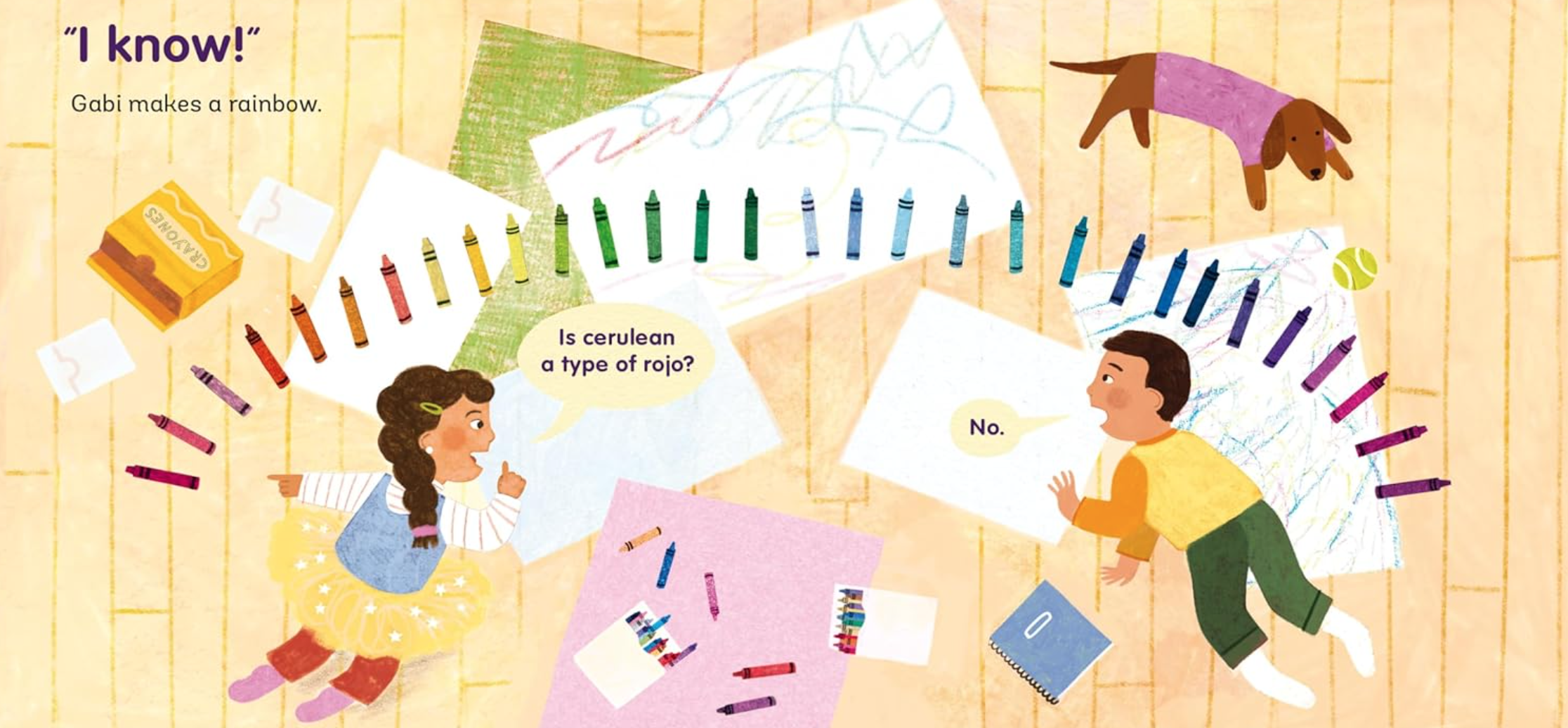Illustration of children coloring; putting crayons in rainbow order.