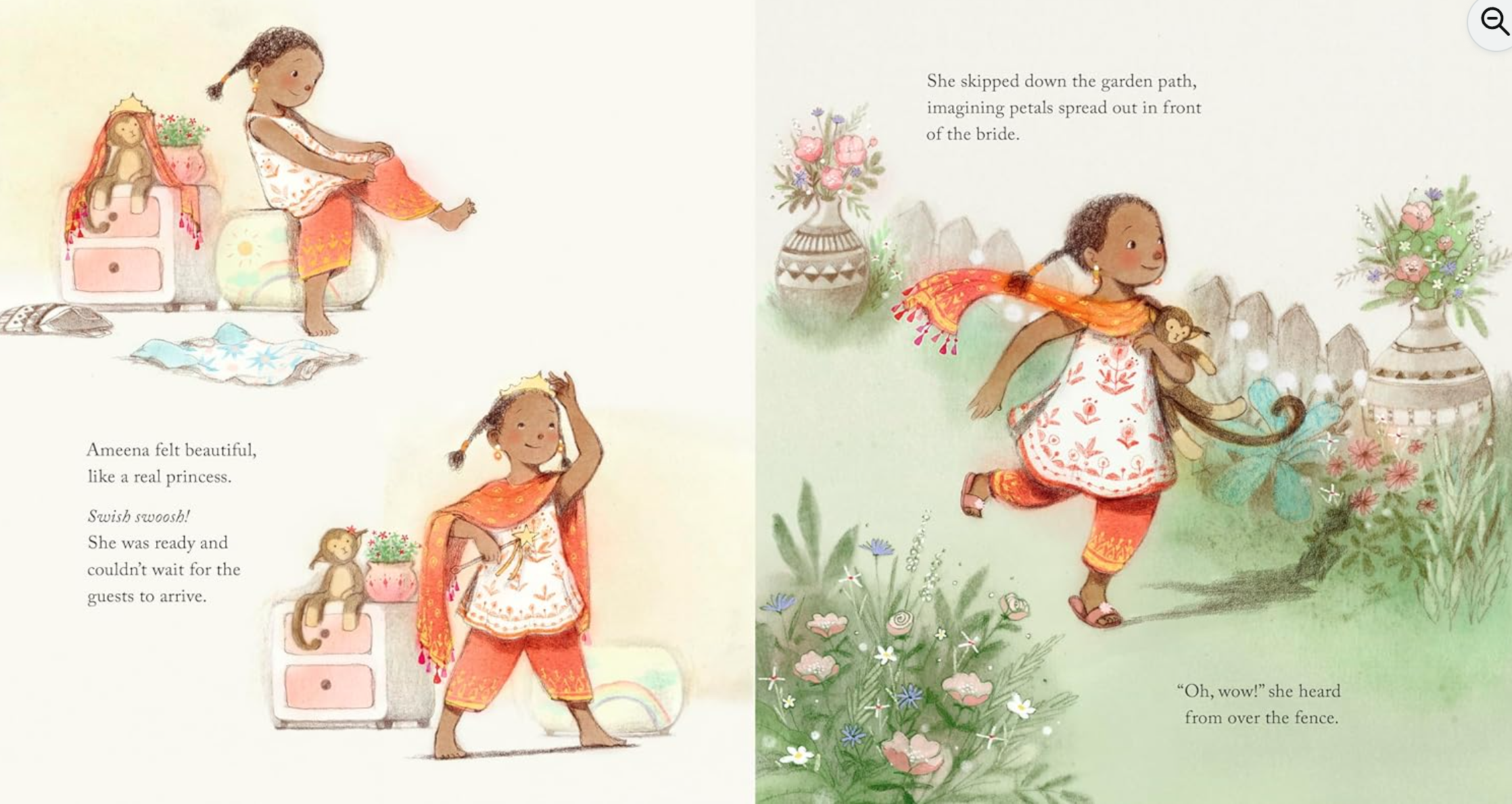 Illustration of girl frolicking in meadow.