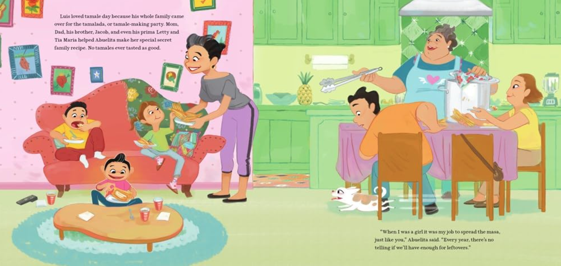 Illustration. Family making tamales.