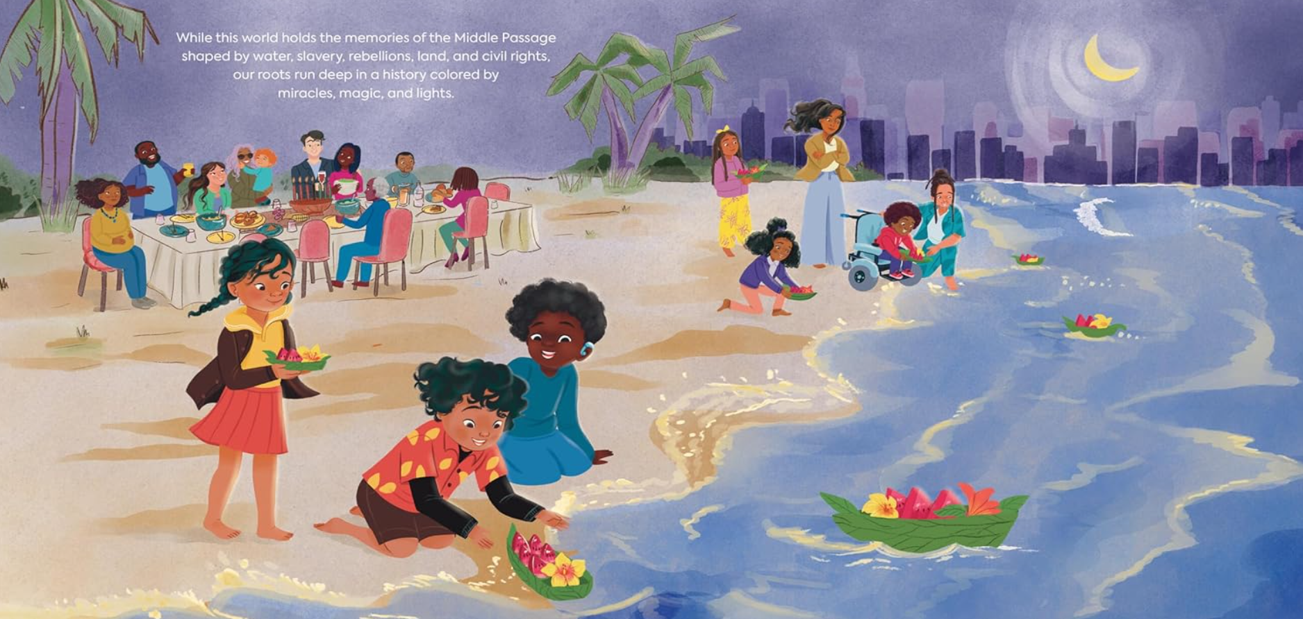 Illustration. Black and brown people celebrate on a beach.