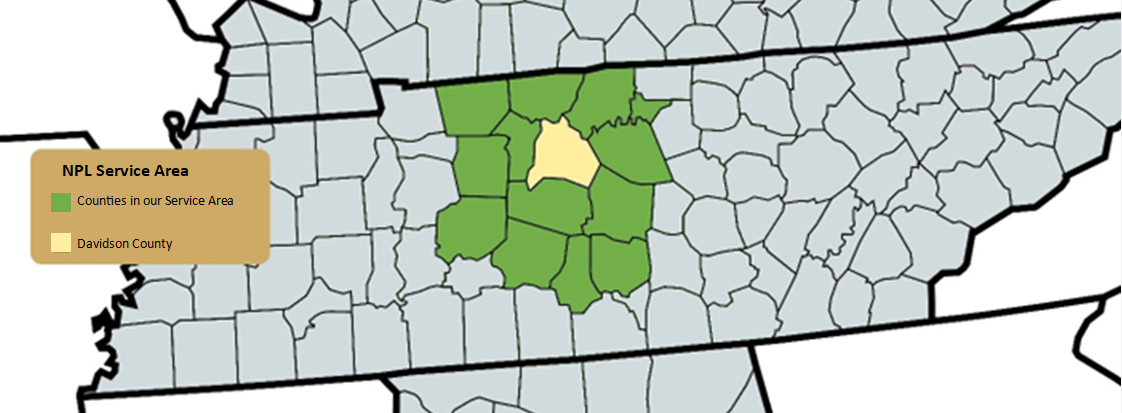 Map of Tennessee counties in NPL service area. 