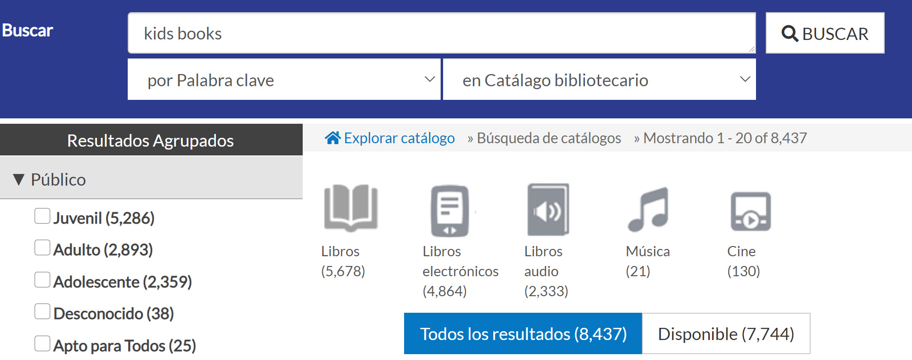 Screenshot of the library catalog showing the text in Spanish