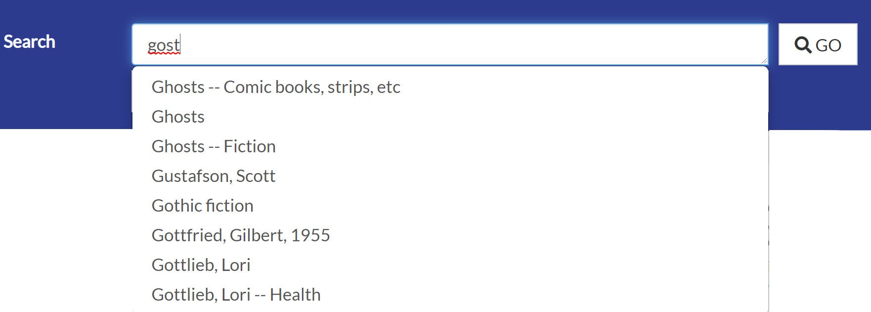 Screenshot of the library catalog with list of suggestions on how to spell a search term
