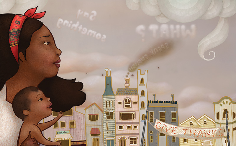 Woman and baby in a city
