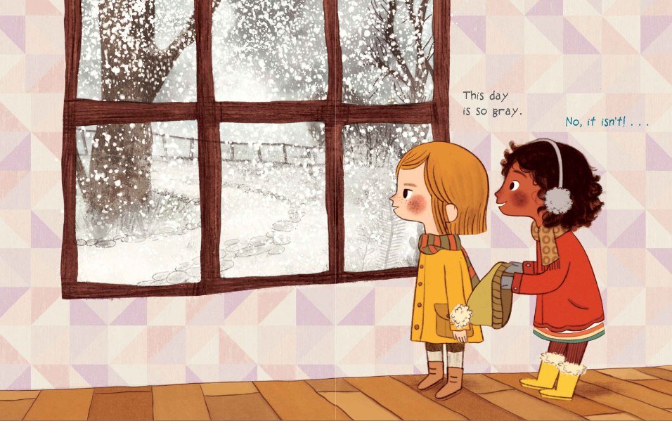Cartoon of two girls looking out the window at a snowy scene.