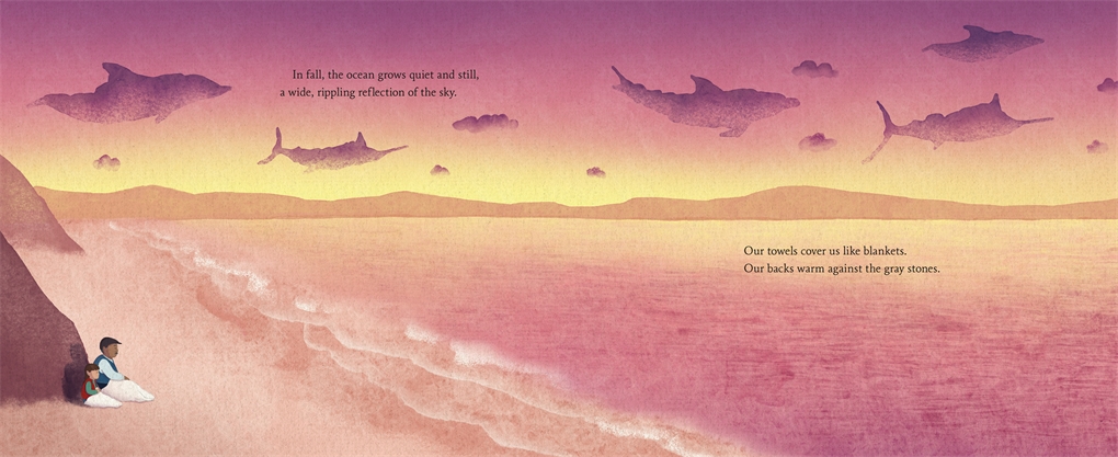 Illustration. Girl and grandmother (abuelo) watch sunset.