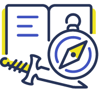 Compass, sword, and open book.