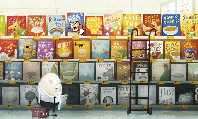 Cartoon of sad Humpty-Dumpty in a cereal aisle.