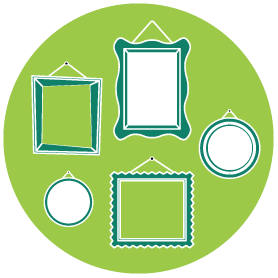 Illustration of picture frames in a green circle.