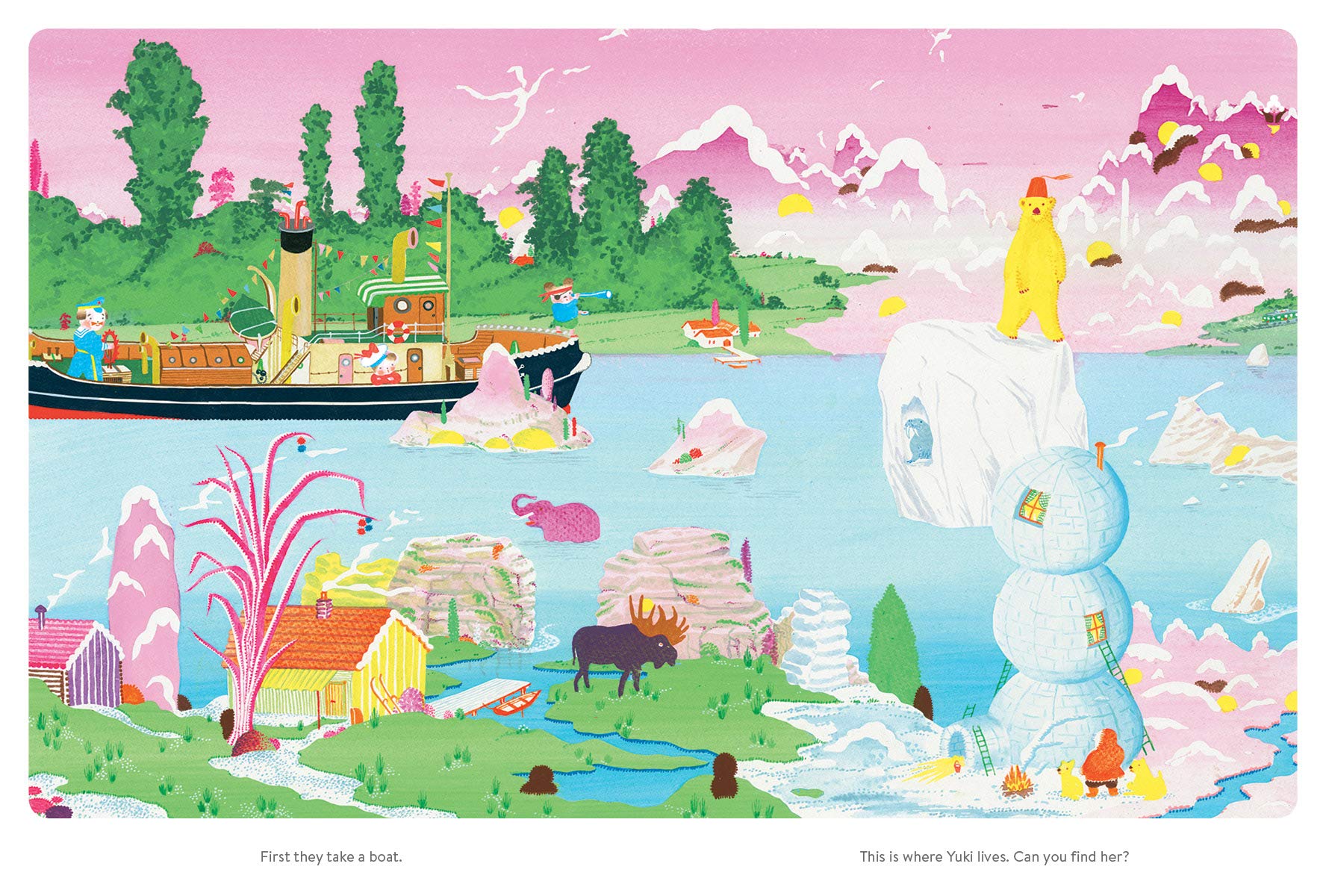 Colorful pastel cartoon illustration of fantastical outdoor scene with animals and boats.