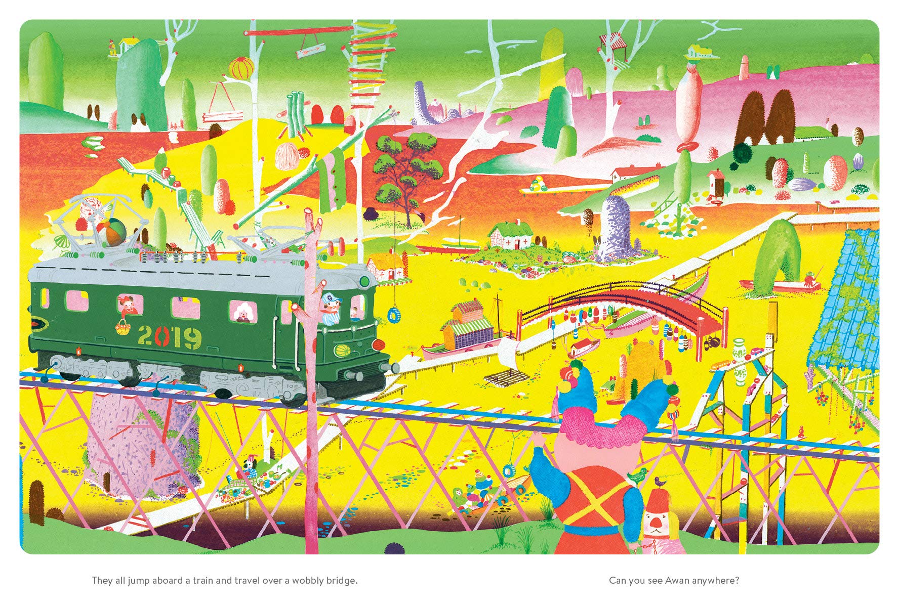 Colorful cartoon illustration of fantastical scene with green train car and ladders against yellow ground.