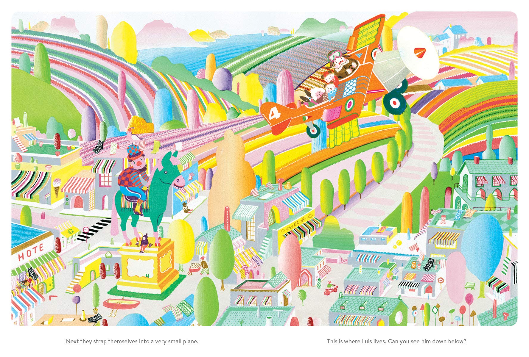 Fantastical colorful cartoon illustration of town from above next to farm fields with airplane flying above.