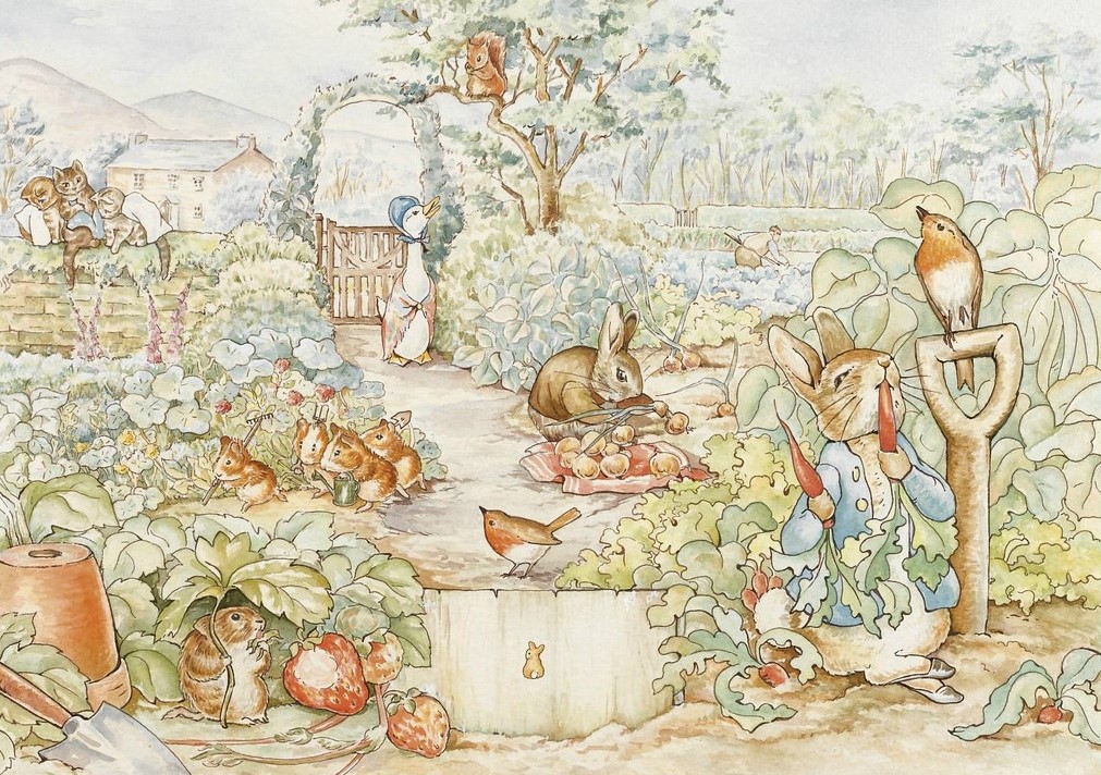 Delicate cartoon illustration of clothed rabbits eating vegetables in garden.