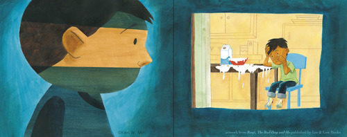 Cartoon illustration of boy looking inside window at child sitting at table crying over spilled milk.