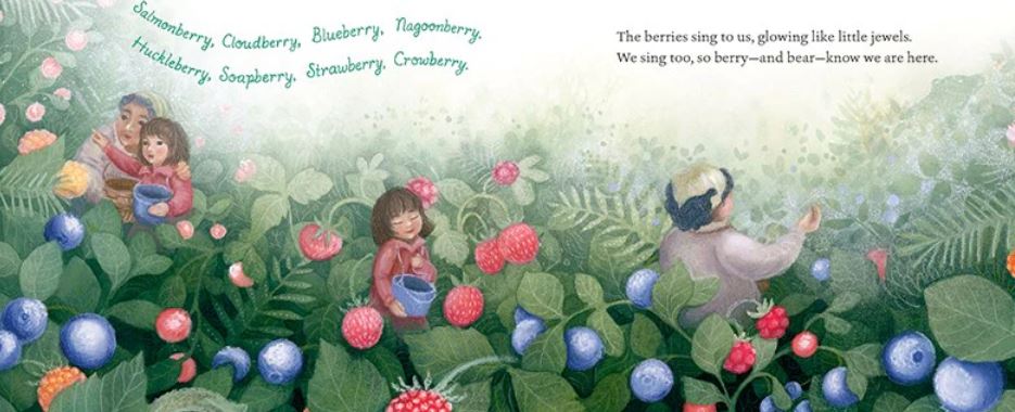 Illustration. Children picking berries in dreamy berry patch scene.