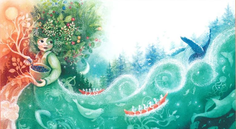 Illustration. Woman in colorful nature setting.